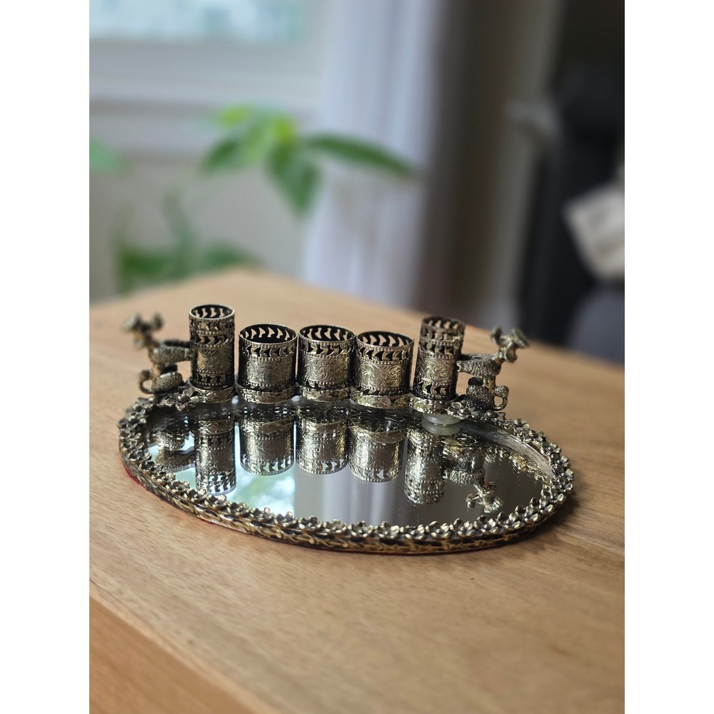 Vintage Hollywood Regency Filigree Poodle Mirrored Vanity Lipstick Holder Tray